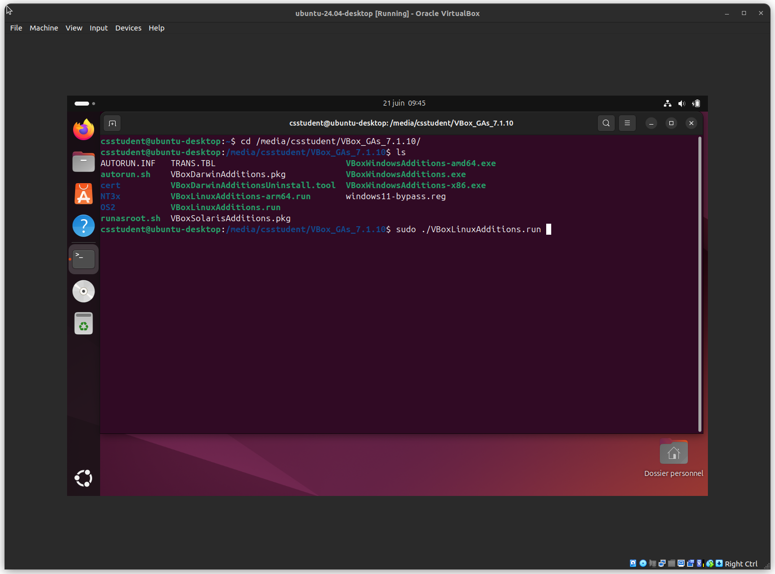 Exécution de l’installeur des GuestAdditions